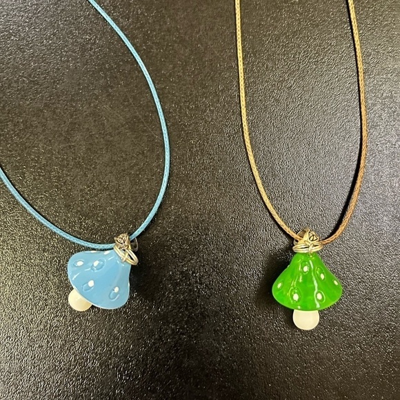 Handmade Mushroom Cottagecore Gardencore Nature two Necklaces Blue Green Trendy - Picture 5 of 6